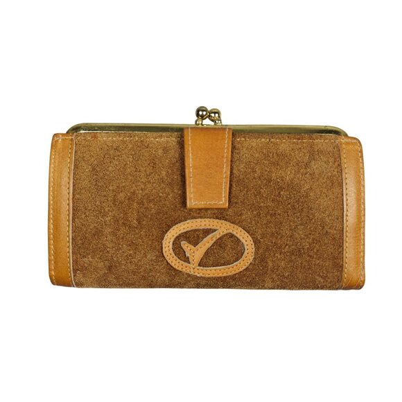 Vintage Suede Genuine Leather Wallet Checkbook Clutch Gold Trim Kisslock NEW - Picture 1 of 9